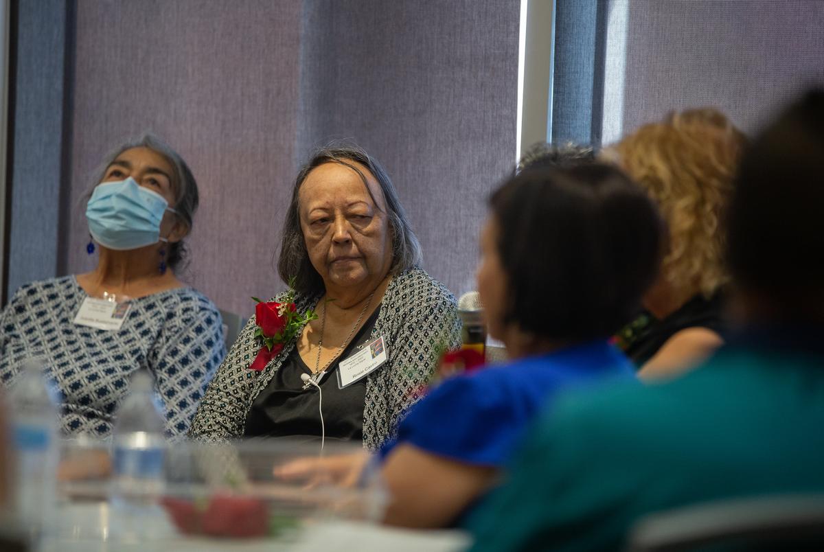 Rosie Castro moderates Mujeres de Raza Unida, a panel of women activists, during the 50th Anniversary Reunion of La Raza Unida Party in San Antonio on Sept. 15, 2022.