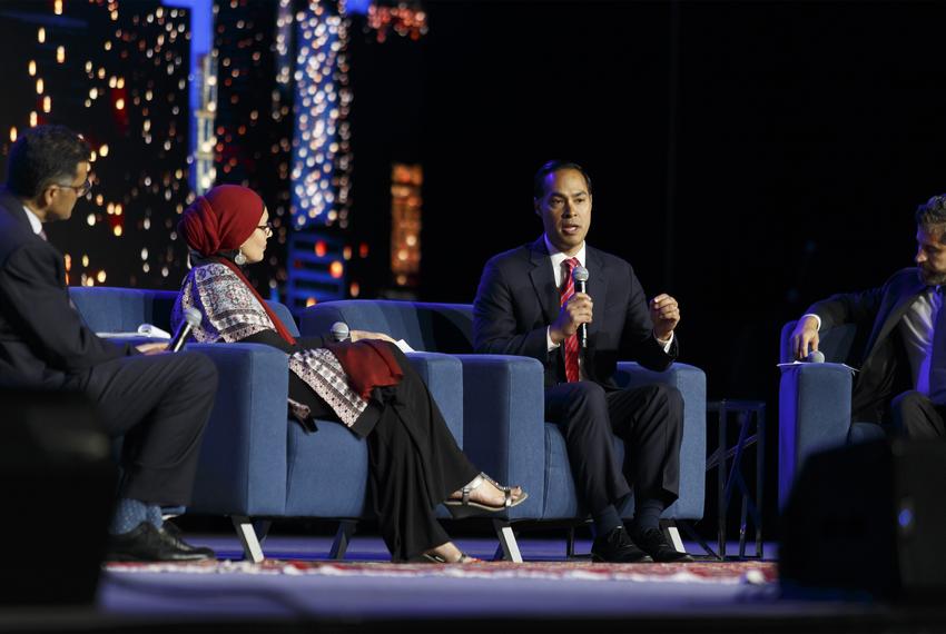 Former Housing and Urban Development Secretary Julián Castro speaks at a presidential candidate forum in Houston on Saturday, Aug. 31 as part of the annual Islamic Society of North America convention.