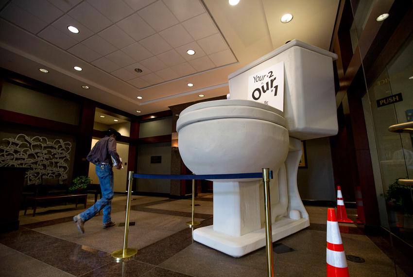 The lobby of San Antonio Water System headquarters in San Antonio, featuring an 11-foot model of a low-flow toilet. 