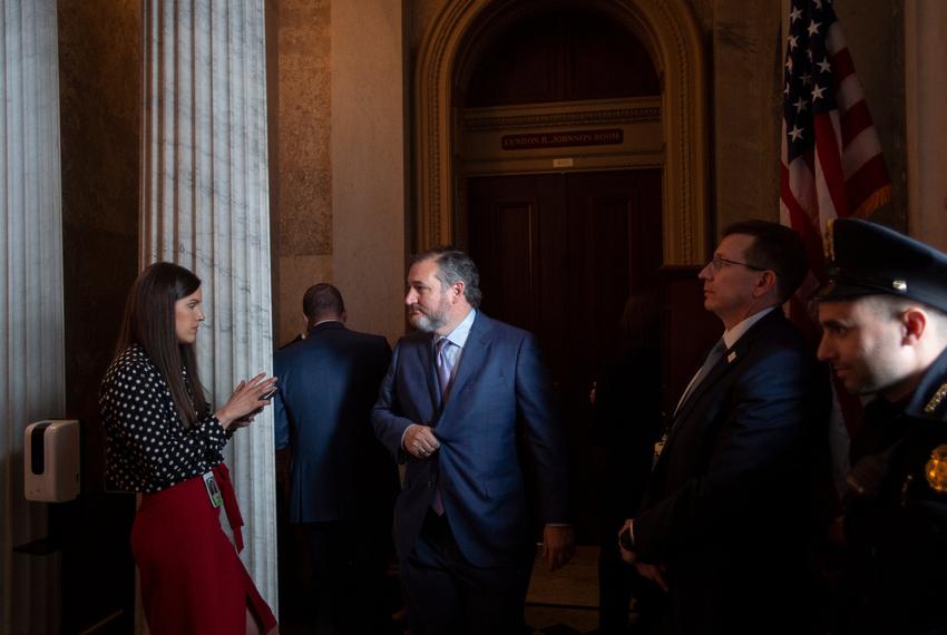 U.S. Sen. Ted Cruz, R-Texas, departs the Senate Republican's policy luncheon at the U.S. Capitol in Washington, D.C., on March 28, 2023.