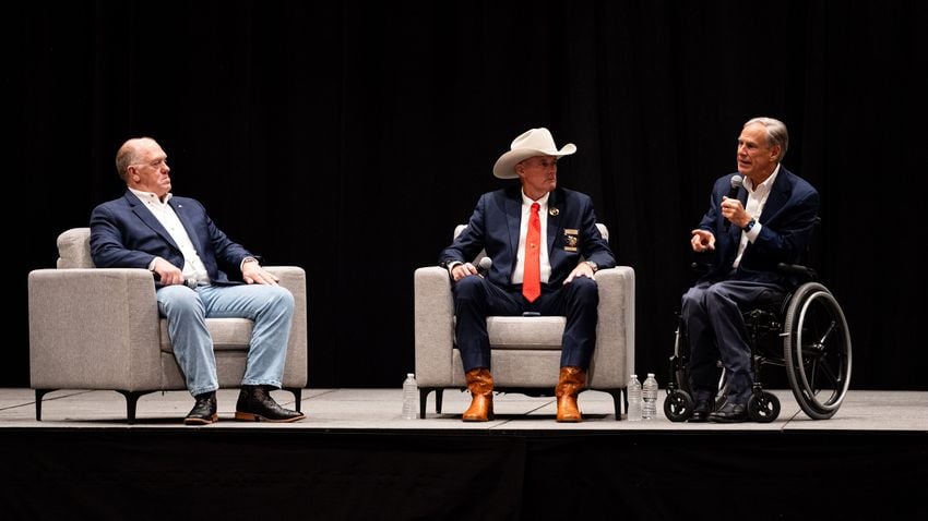 From left: Tom Homan, President Donald Trump's "border czar," Goliad Co. Sheriff Roy Boyd and Gov. Greg Abbott in a panel discussion during the Sheriff's Association of Texas 147th Annual Training on July 15, 2025, in Fort Worth.