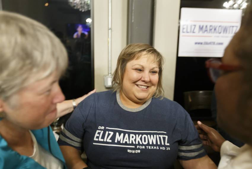 Democratic Texas House District 28 candidate Eliz Markowitz greets supporters at election night watch party in Katy on Tuesday.