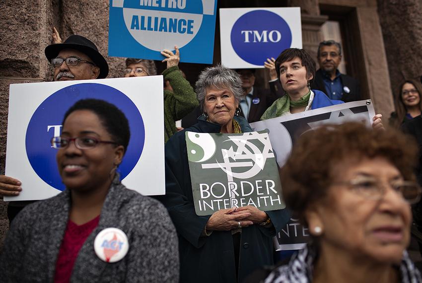 Interfaith groups from across Texas and Democratic state legislators rally in support of Medicaid expansion during a press conference held outside of the Capitol in Austin, Texas.