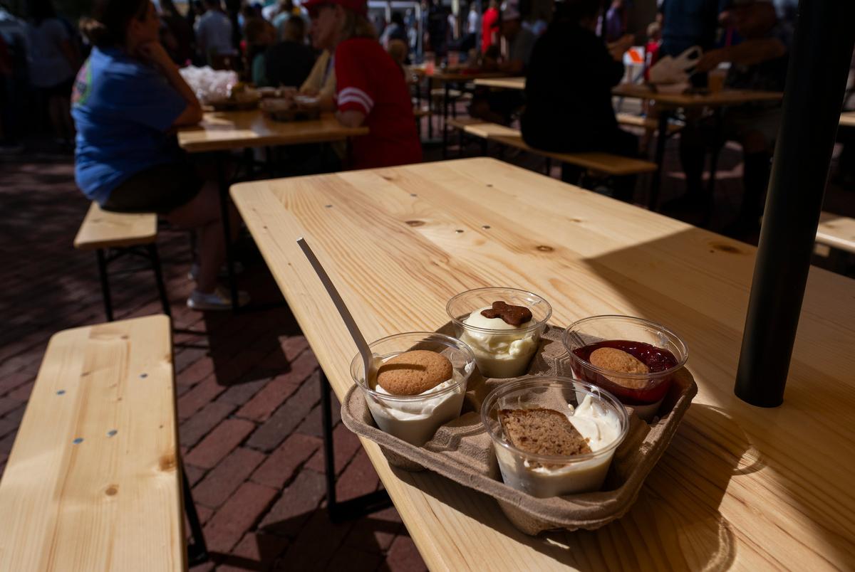 The Slaton Bakery’s four banana pudding’s featured at the Texas Banana Pudding Festival were Church Lady, left, key lime, top, strawberry, right, and bourbon, bottom, Saturday, Aug. 30, 2025, in Slaton, Texas.