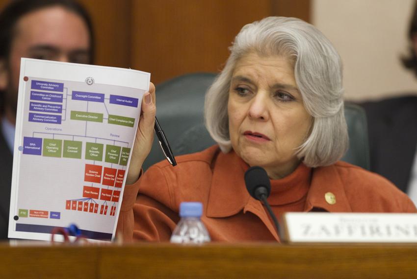 Sen. Judith Zaffirini D-Laredo, holds up chart during testimony by state auditors regarding CPRIT at Senate finance committee hearing on February 5th, 2013