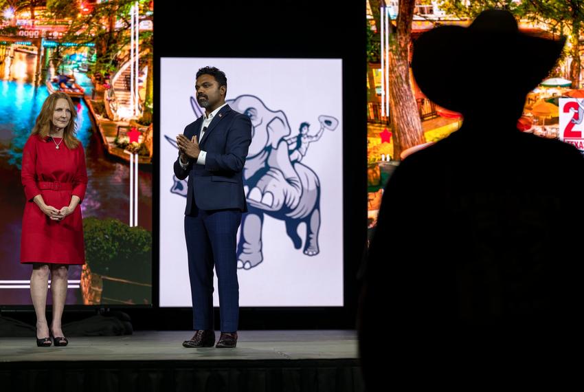 Newly elected Republican Party of Texas Vice-Chair D’rinda Randall, left, and Chair Abraham George and speak during the Texas GOP Convention Saturday, May 25, 2024 in San Antonio.