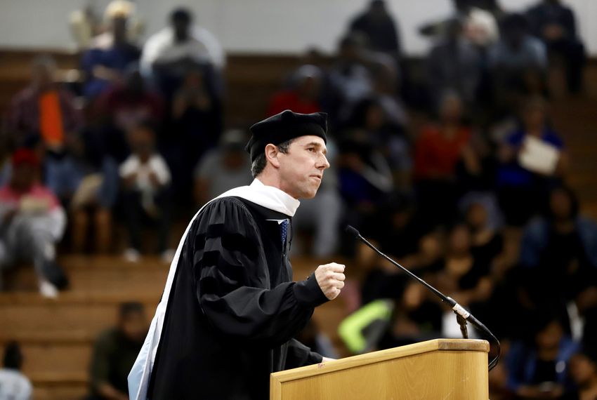 Presidential candidate and former U.S. Rep. Beto O'Rourke speaks at the Paul Quinn College commencement ceremony in Dallas on Saturday.
