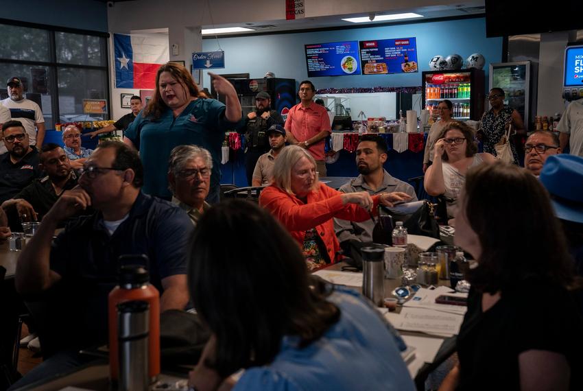 Madeleine Croll expresses her disagreement as she was one of the people who Stacy Solís did not agree should be precinct chairs that she approved during the Hidalgo County Democrats’ Third Quarter meeting in San Juan, Texas on July 26, 2025. They were hoping to introduce the new precinct chairs during the meeting as well as listening from their newly formed committees. Croll had been precinct chair for a few years before until she missed to fill out a form to continue serving. She has been trying to be precinct chair ever since but she has been unable to as some members, she says, have been keeping her from doing so because she believes that in part it is due to her being a transgender woman.
Gabriel V. Cárdenas for The Texas Tribune