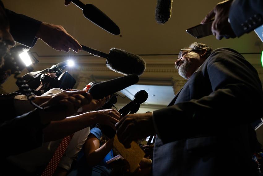 Rep. Ramon Romero Jr., D-Fort Worth, speaks with press outside of the Texas House on Aug. 18, 2025. Texas Democrats left the state to fight redistricting at the national level, returning after two weeks to resume work in the state.