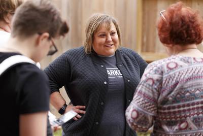 Democratic candidate for House District 28, Eliz Markowitz, speaks to her supporters at a block walk in Fulshear on Jan. 25, 2020.