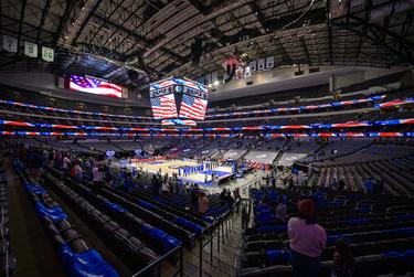 A view of the arena and the fans during the playing of the National Anthem before the game between the Dallas Mavericks and the Atlanta Hawks at the American Airlines Center on Feb 10, 2021, in Dallas.