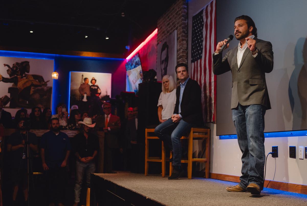 Florida Congressman Matt Gaetz and Brandon Herrera, Republican candidate for the US House for Texas’ 23rd congressional district, were seen during a campaign event at the Angry Elephant, a politically themed bar, in San Antonio, Texas on March 14, 2024.