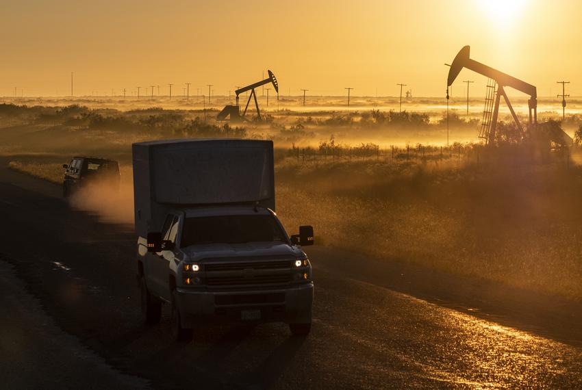 Pumpjacks at sunrise in the Permian Basin in West Texas.