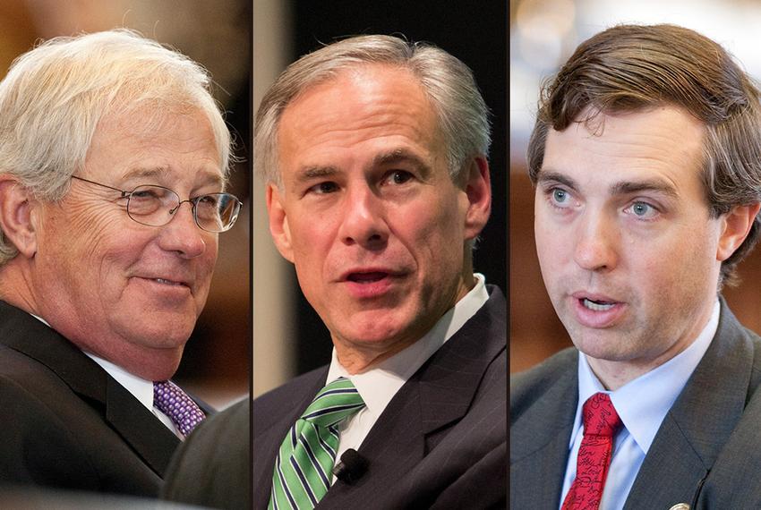 State Rep. Charlie Geren, R-Fort Worth; Gov. Greg Abbott; and state Sen. Van Taylor, R-Plano.