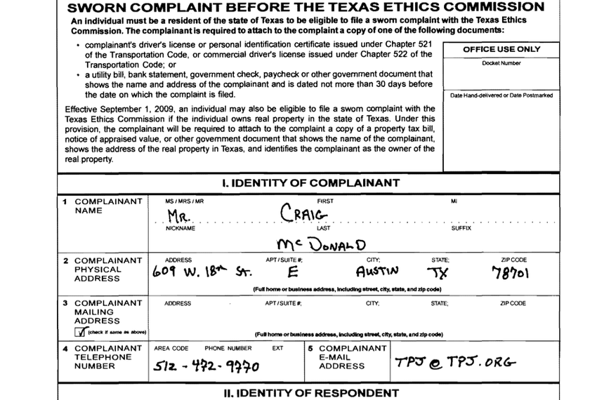 A complaint filed with the Texas Ethics Commission.