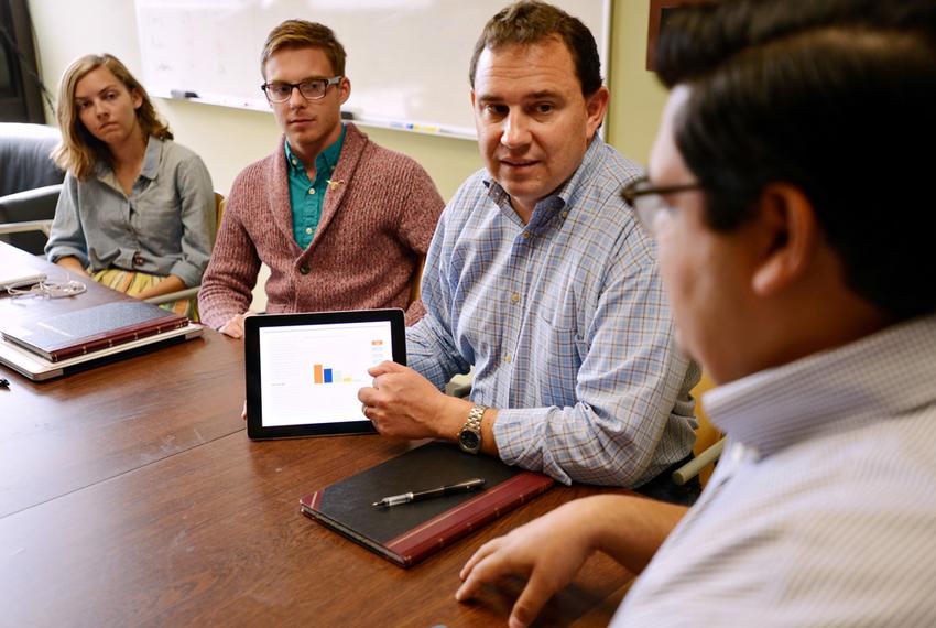 University of Texas at Austin professor Michael Webber discusses the next steps for his Energy 101 massive open online course during a meeting with the design team at UT-Austin on Oct. 13, 2014.