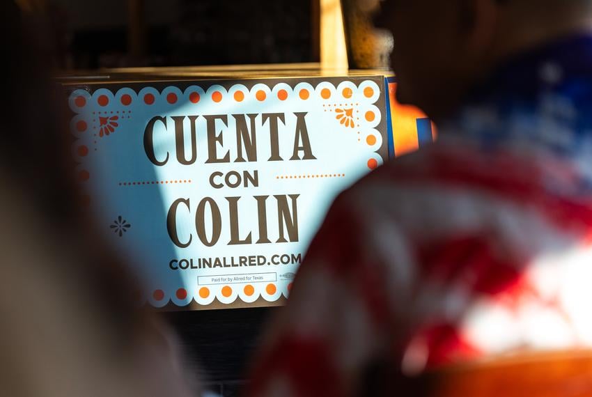 A campaign sign for former U.S. Rep. Colin Allred¥s U.S. Senate bid at a town hall meeting in Brownsville on Oct. 3, 2025.