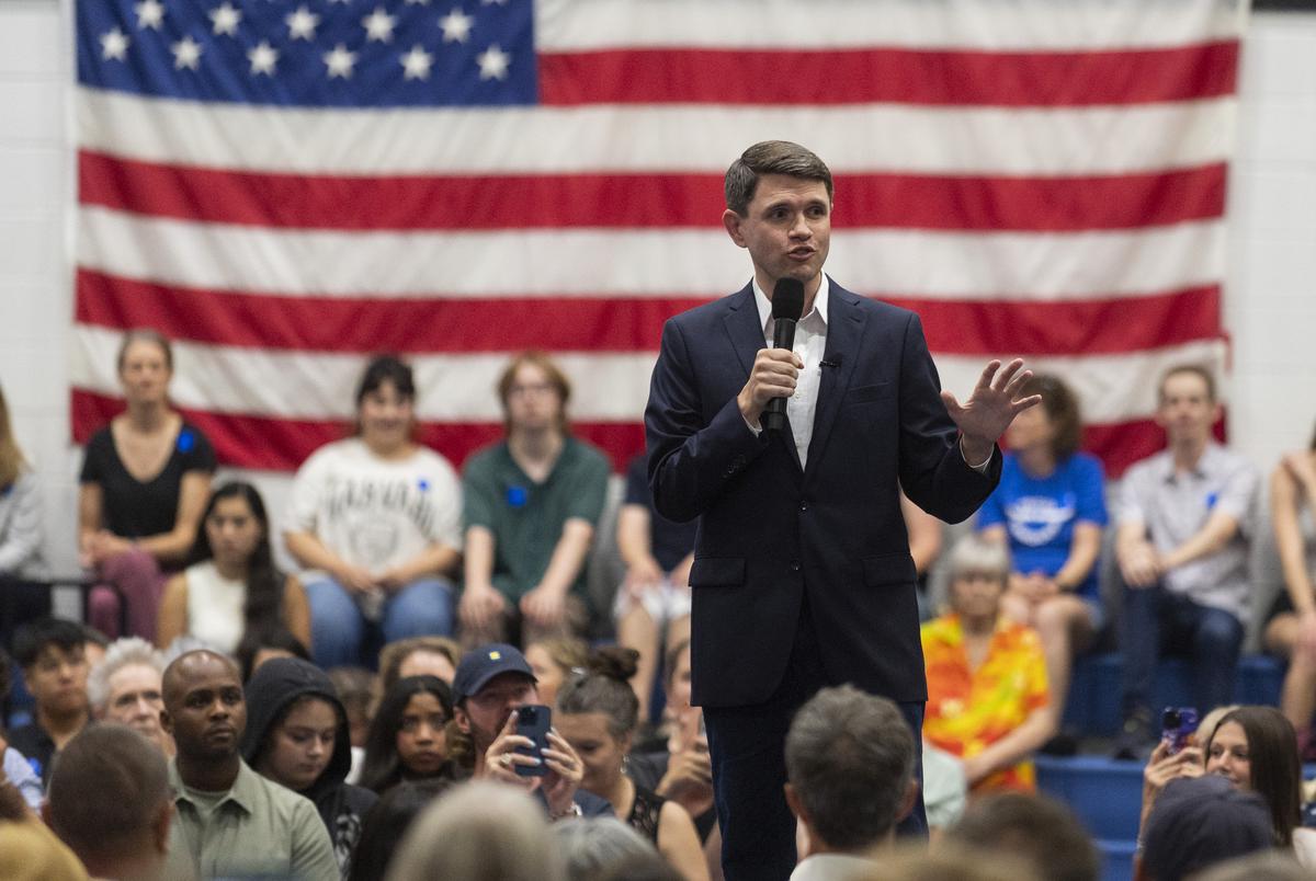 State Rep. James Talarico, D-Austin, speaks during a redistricting rally at Delco Activity Center in Austin on Friday, July 25, 2025.
