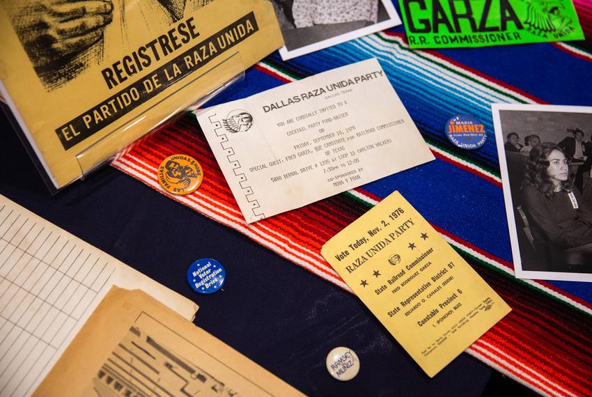 La Raza Unida memorabilia is on display during the 50th Anniversary Reunion of the party in San Antonio on Sept. 15, 2022.