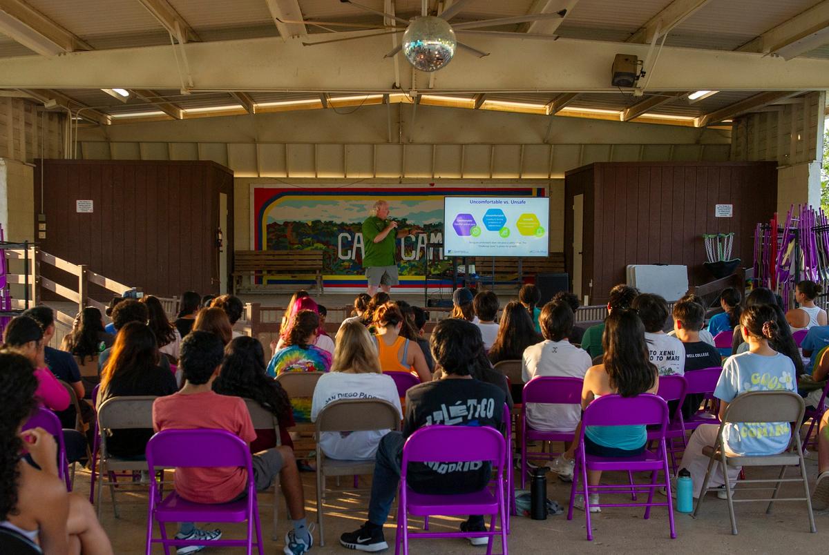 Trainees listen in to a training session by Chief Program Officer Brandon Briery at Camp Camp in Center Point on June 13, 2025. Center Point is southeat of Kerrville and downstream the Guadalupe River from Kerrville.
