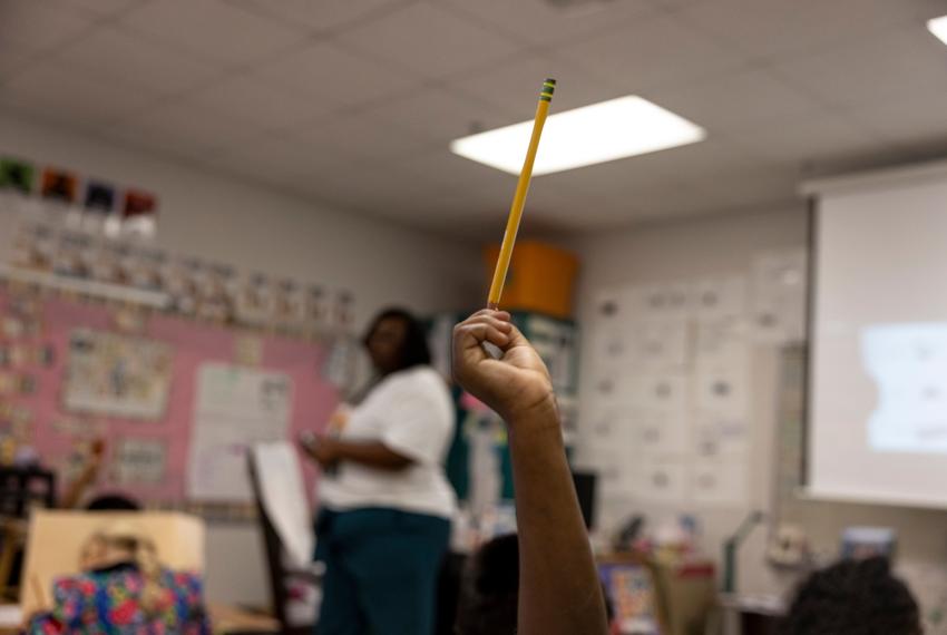 Temple, Texas  - 4/17/25: JoMeka Gray teaches a class of kindergarteners at Kennedy-Powell Elementary in Temple, Texas. Ilana Panich-Linsman for The Texas Tribune