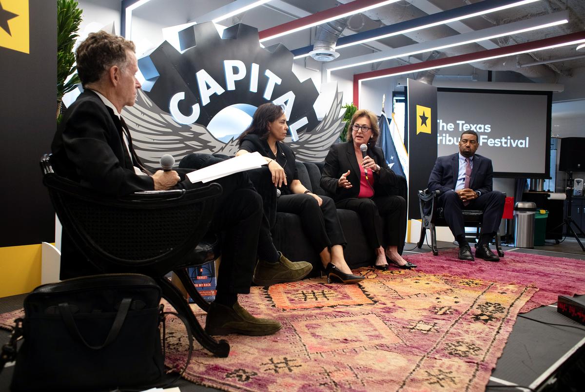 From left: Michael Hall, executive editor at Texas Monthly, moderates a panel with district attorneys Erleigh Norville Wiley (Kaufman Co.), Kim Ogg (Harris Co.) and Brian Middleton (Fort Bend Co.) at The Texas Tribune Festival in Austin on Sept. 24, 2022.