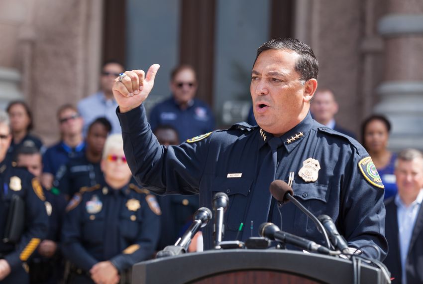 Houston Police Chief Art Acevedo speaks out against bathroom bills at a press conference on the steps of the state capitol on July 25, 2017.