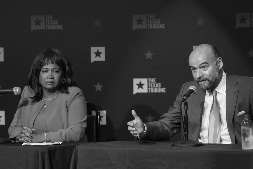 Sheryl Cole and Chito Vela at a candidate forum hosted by The Texas Tribune in East Austin on May 7, 2018.