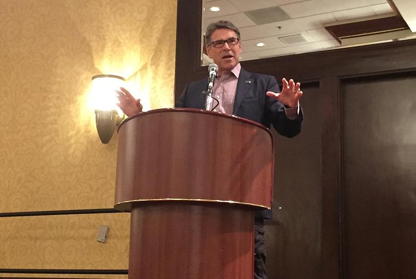 Former Gov. Rick Perry speaking to the Texas delegation at the Republican National Convention in Cleveland on July 18, 2016.