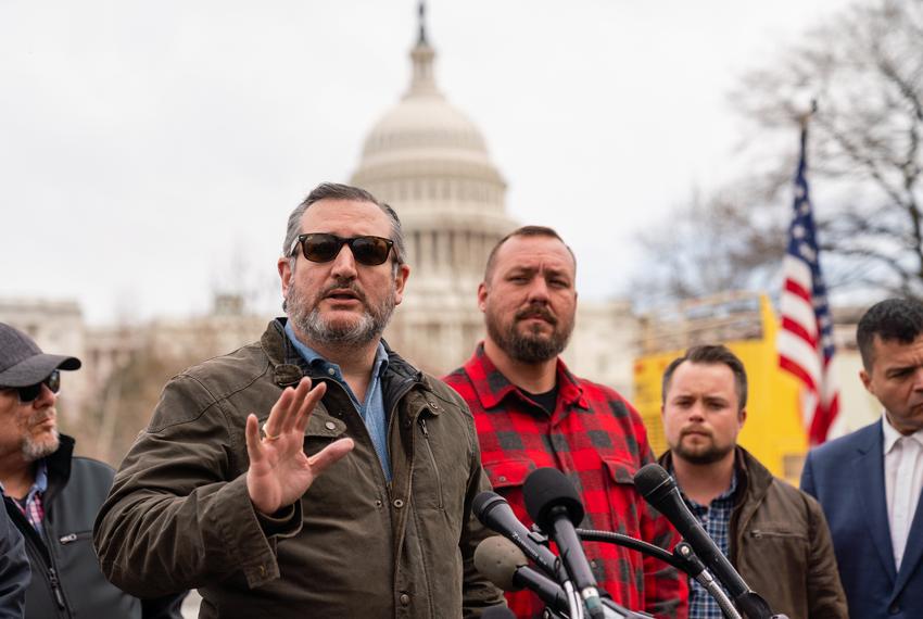 U.S. Sen. Ted Cruz, R-Texas, speaks at a press conference with Brian Brase, organizer of the People’s Convoy, near the U.S. Capitol in Washington, D.C., on March 10, 2022.