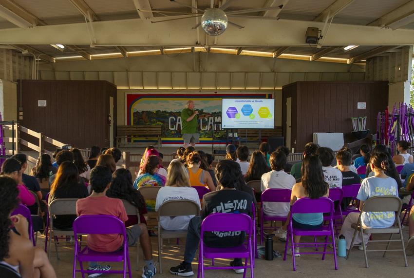 Trainees listen in to a training session by Chief Program Officer Brandon Briery at Camp Camp in Center Point on June 13, 2025. Center Point is southeat of Kerrville and downstream the Guadalupe River from Kerrville.