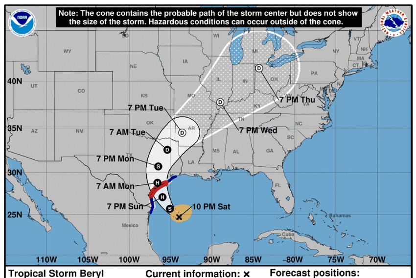 NOAA graphic shows current position of Tropical Storm Beryl as of 10:00 p.m. Central Time on July 6, 2024, along with its projected path towards the Texas coast.