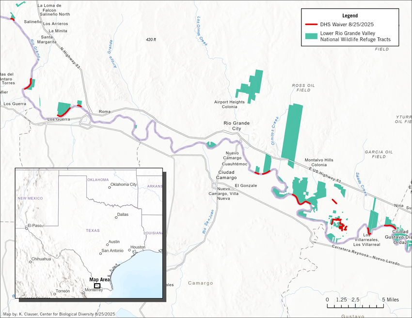 A map shows in red the locations where the Department of Homeland Security waived environmental laws to expedite border wall construction in the Rio Grande Valley of Texas. The national wildlife refuge tracts are shown in green.