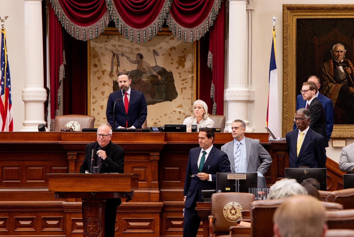 State Rep. Todd Hunter, R-Corpus Christi, stands in front of the Speaker’s Dias in the house chamber in Austin on August 20, 2025.