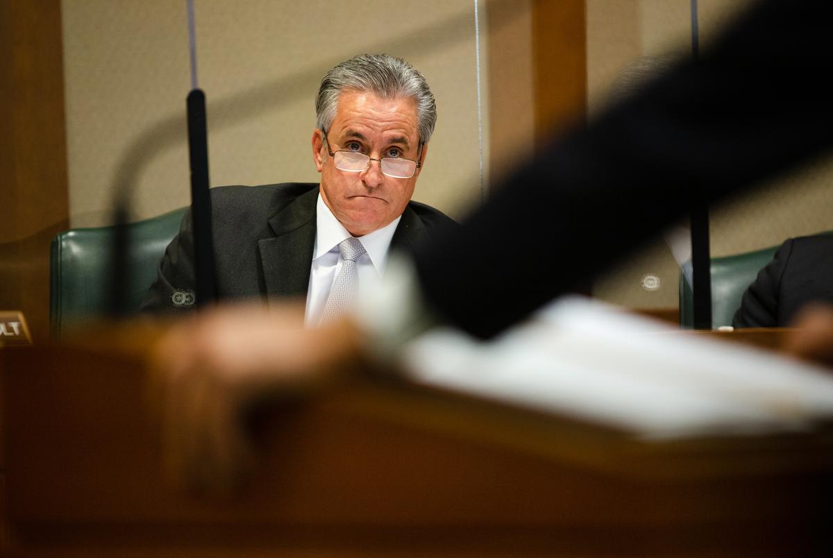 State Rep. E. Sam Harless, R-Spring, listens to Richard Peña Raymond, D-Laredo, as he presents House Bill 2166 to the House Homeland Security & Public Safety Committee at the state capitol on April 21, 2021.