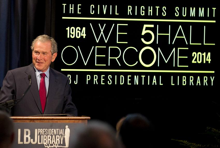 Former President George W. Bush addresses a private gathering in the LBJ Library Atrium on April 10, 2014 on the last day of the Civil Rights Summit in Austin. 
Ralph Barrera / Austin American Statesman