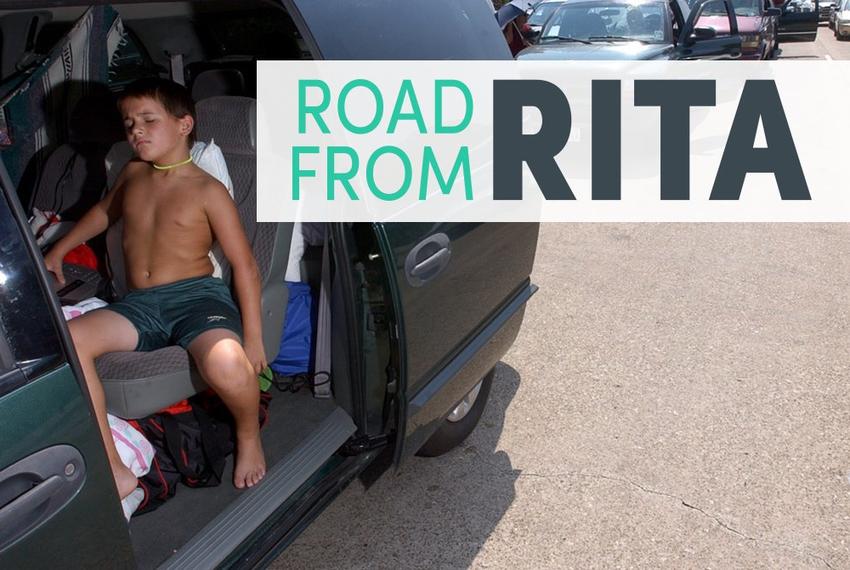 Eight year-old Caleb Barton of Beaumont tried to stay cool in his mother's minivan on Sept. 22, 2005, as his family fled Hurricane Rita a few feet at a time on U.S. Highway 96 near Silsbee.
