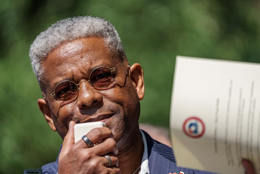 Texas Republican Party Chairman Allen West speaks to a crowd gathered at the Governor’s Mansion on Saturday, Oct. 10, 2020 to protest business closures and mask mandates which they call "King Abbott’s Royal Decrees."