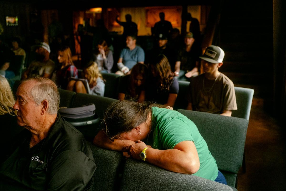 Community members grieve at the Cross Kingdom Church in Kerrville during the first Sunday service after the floods on July 6, 2025.