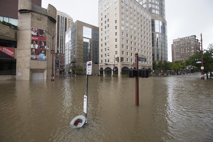 The Theater District in downtown Houston is flooded after Buffalo Bayou jumped its banks on Sunday, Aug. 27, 2017.