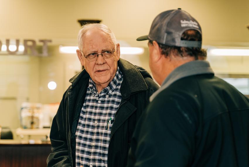 Contract Public Works Worker, Earl Norrod, (Left) speaks with Public works Director, Thomas Bailey, (Right) in Zavalla, Texas on Wednesday, Feb. 1, 2023.