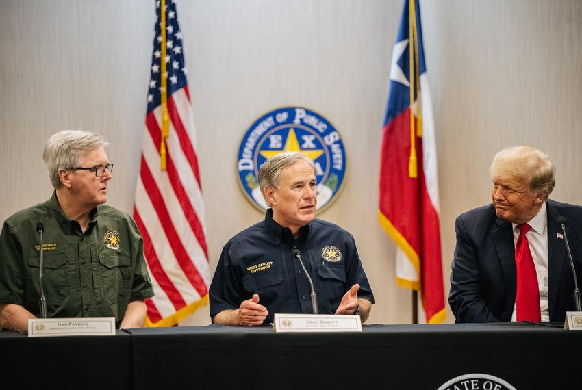 Texas Lt Gov. Dan Patrick, left, Gov. Greg Abbott, and former President Donald Trump attend a border security briefing to discuss further plans in securing the southern border wall on June 30, 2021, in Weslaco.