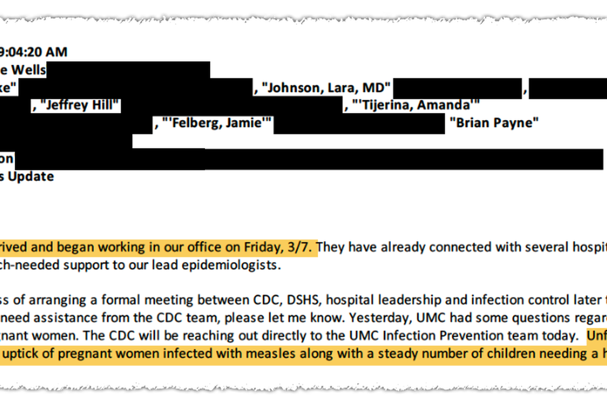 A March 9 email from Katherine Wells announcing the arrival of CDC scientists in Lubbock, Texas, some six weeks after the first cases were detected. Emails obtained by KFF Health News have been redacted to protect the privacy of individuals and facilities.