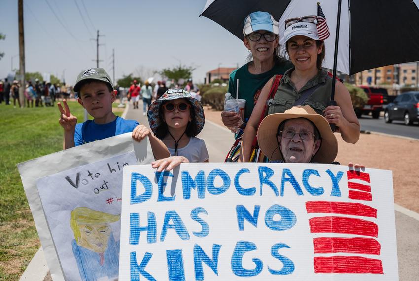 Three generations of the Lepe family ranging from seven to 93 years old at the No Kings protest in El Paso, Texas on June 14, 2025. (Left to right) Jonah Lepe, Zoe Lepe, (children) Margarita Lepe,  Margo Lepe, and matriarch Maria Teresa (wheelchair).