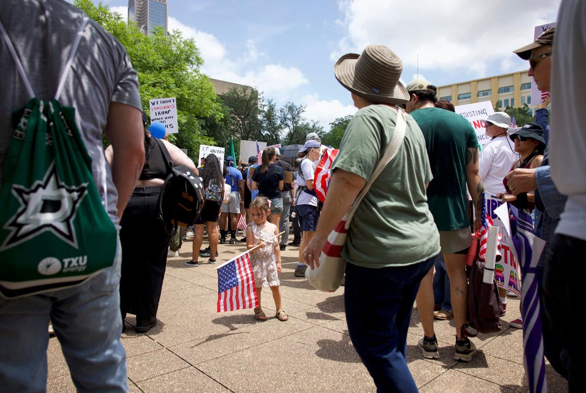 Thousands gather in front of Dallas City Hall for the No Kings Protest on Saturday, June 14, 2025, in Dallas, Texas.