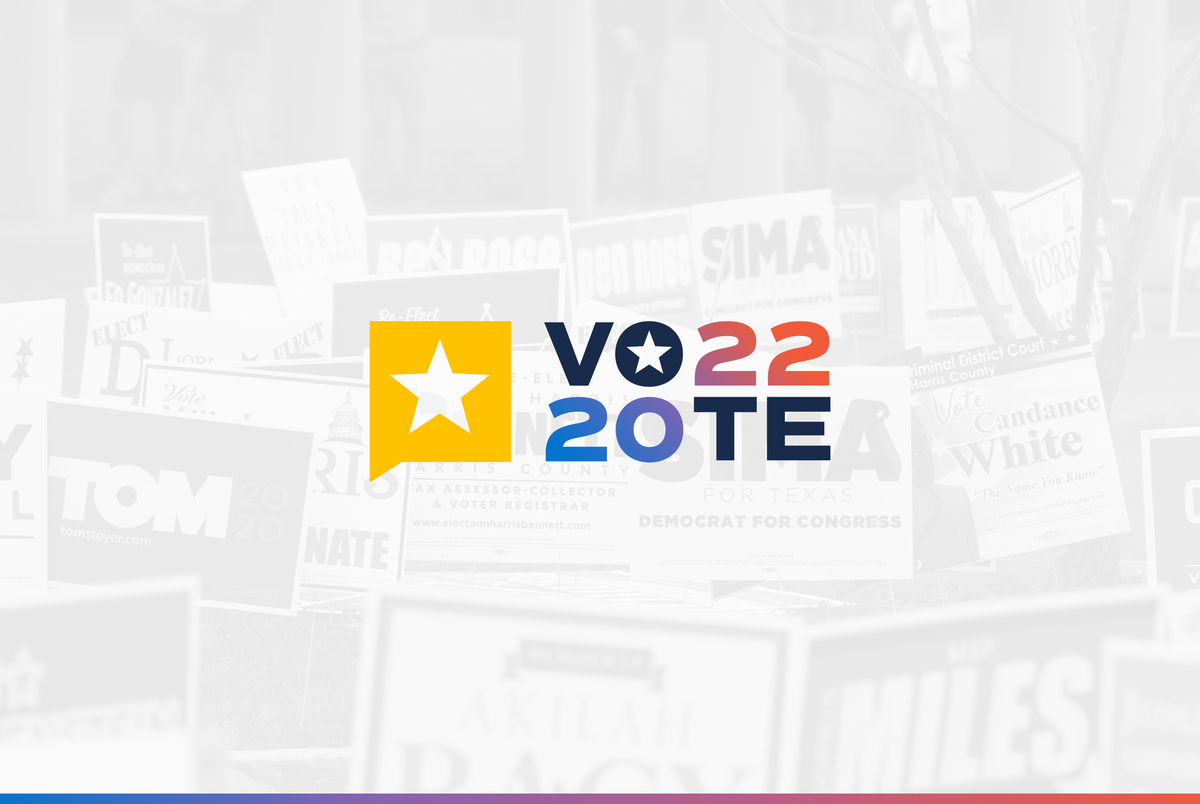 A sheer image of voter signs behind a large logo that reads "VOTE 2022" next to a Texas Tribune icon.