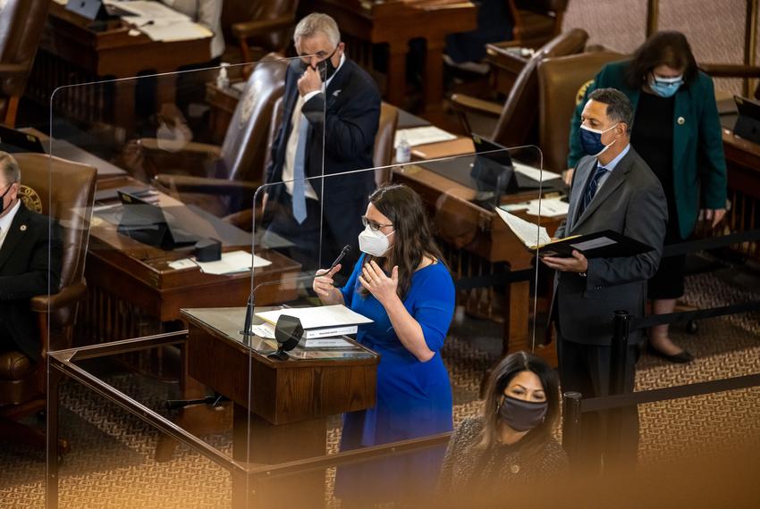 State Rep. Erin Zwiener, D-Driftwood, questions a proposed amendment to HB 10 on March 30, 2021.