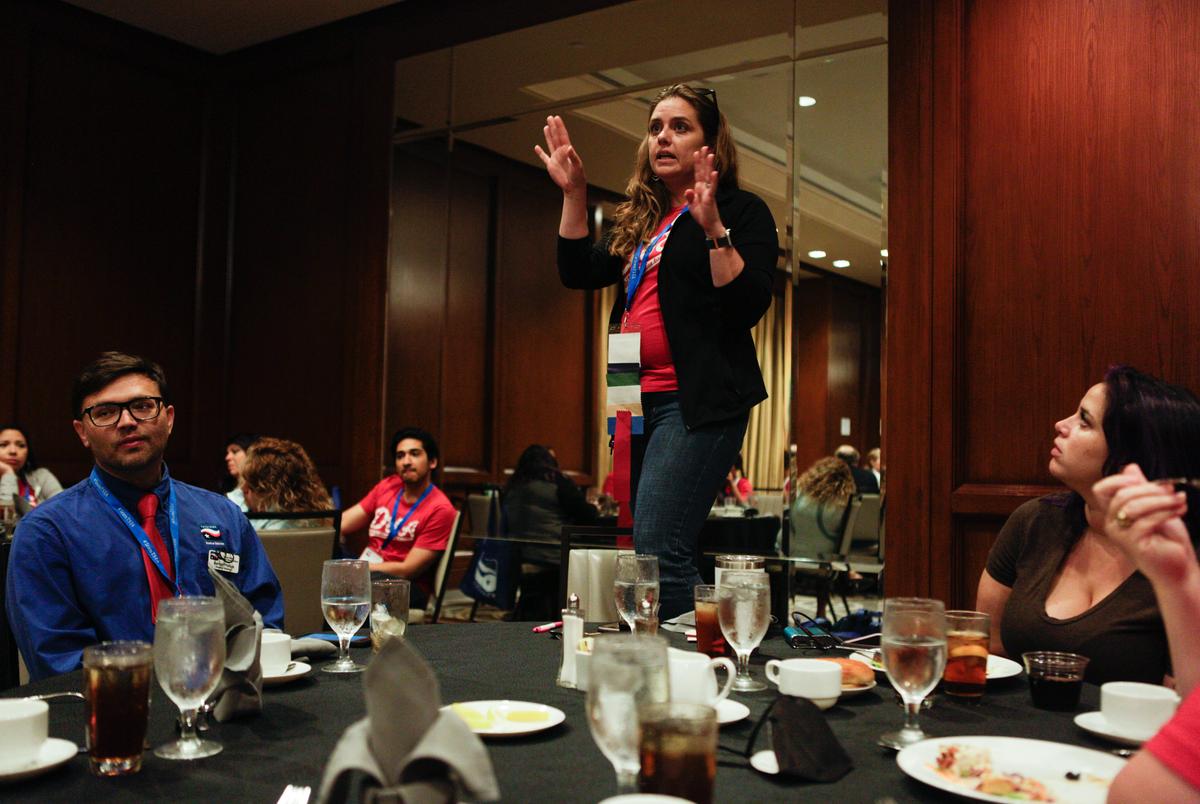 Michelle Cardenas speaks to the Region 10 members  during dinner at the TSTA House of Delegations convention in Houston on April 29, 2022.