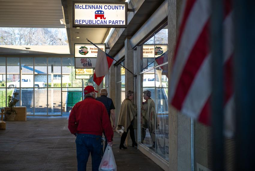 People enter the McLennan County Republican Headquarters in Waco to hear Frederick Douglass Republicans founder, KCarl Smith speak during a Black Voices for Trump event, a nationwide initiative to sway voters, on Feb. 26, 2020.