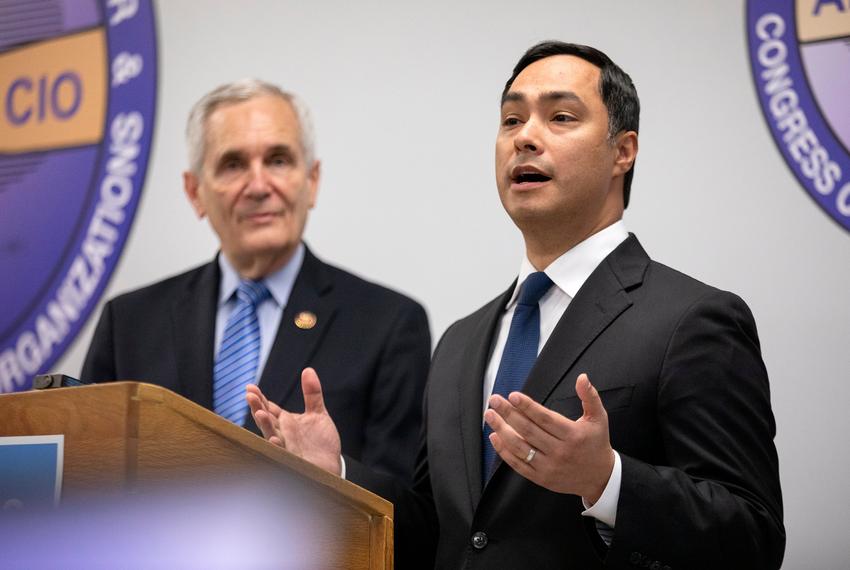 U.S. Congressman Joaquin Castro and U.S. Congressman Lloyd Doggett speak at a press conference addressing the attempted voter roll review in Texas on June 7, 2019.